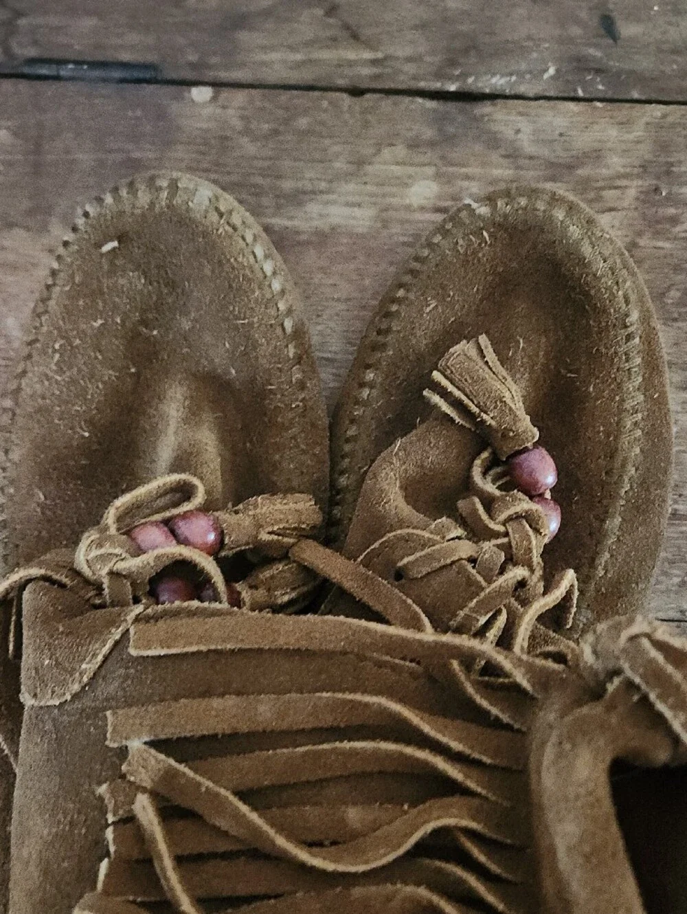 Minnetonka Brown Suede Fringe Moccasins with Bead Tassels